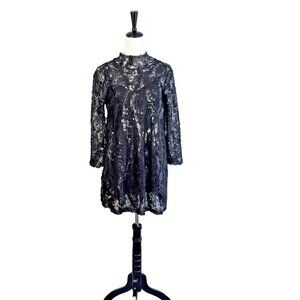 Zara High Neck Black Sequin Lace Mini Dress Open Back Long Sleeves Women's Sz S